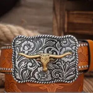 NEW ! Western vegan Silver and Brown Western Belt with Bull Head Buckle